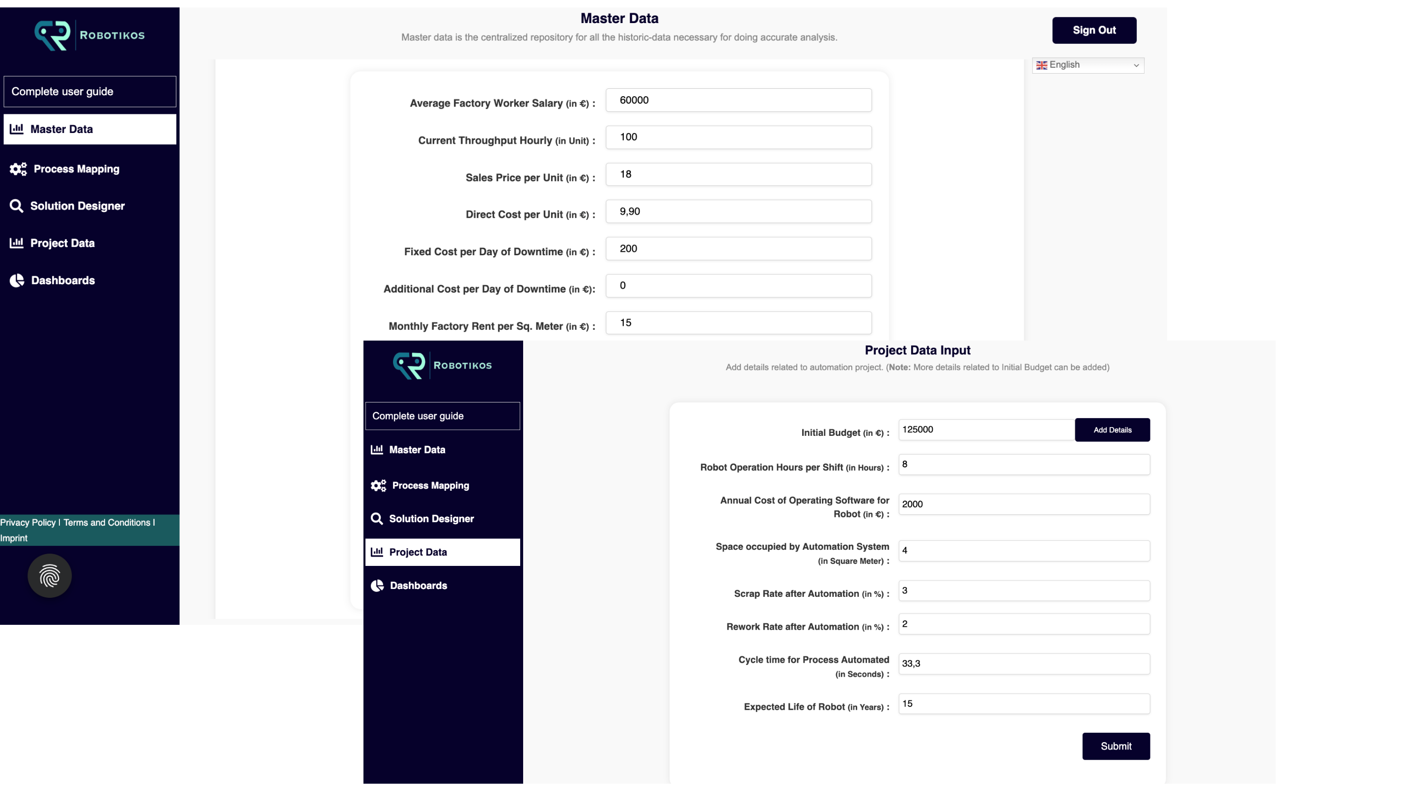 Master and Project Data Screenshots